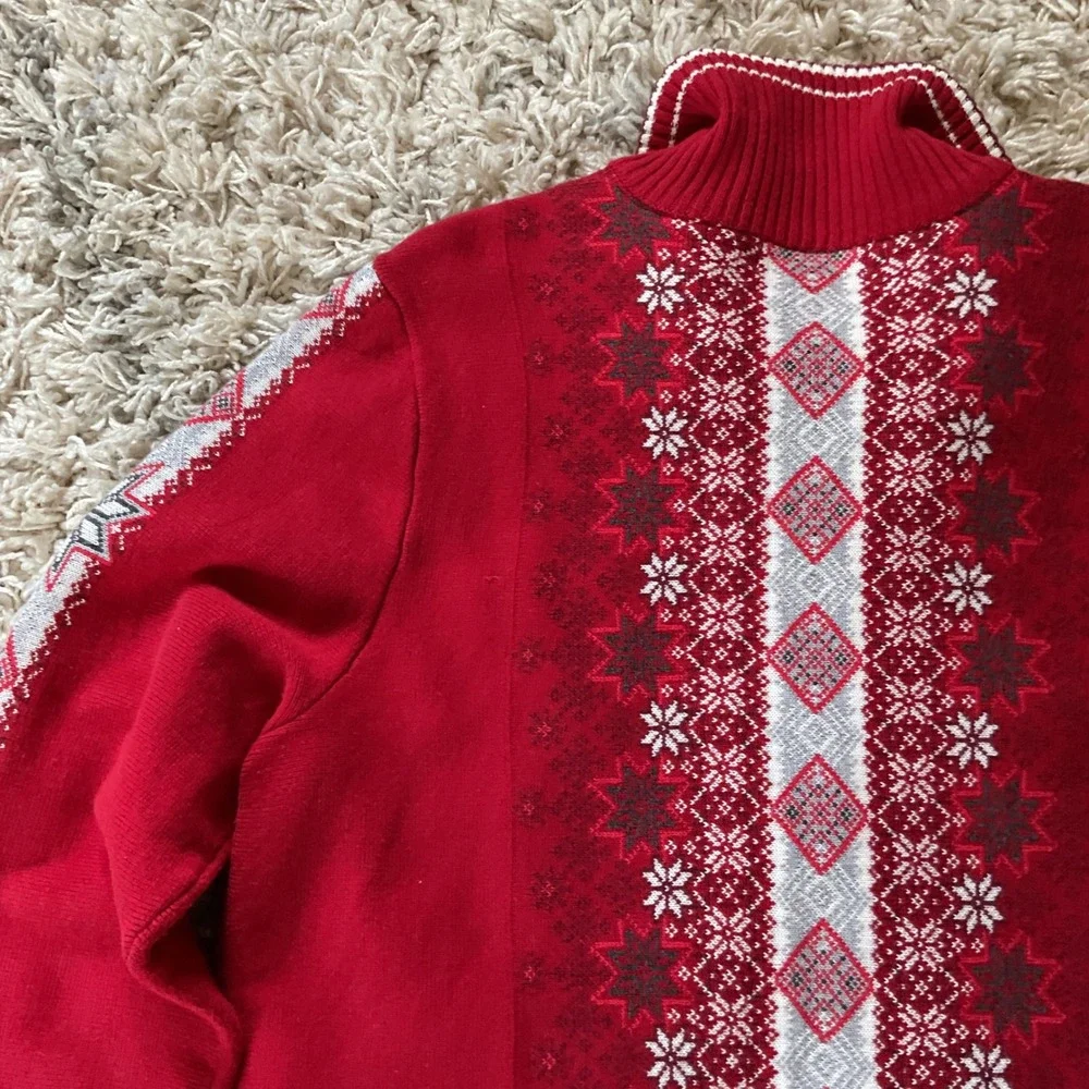 Eddie Bauer Womens Red Fair Isle Full Zip Nordic Snowflake Sweater Mock‎ Neck L